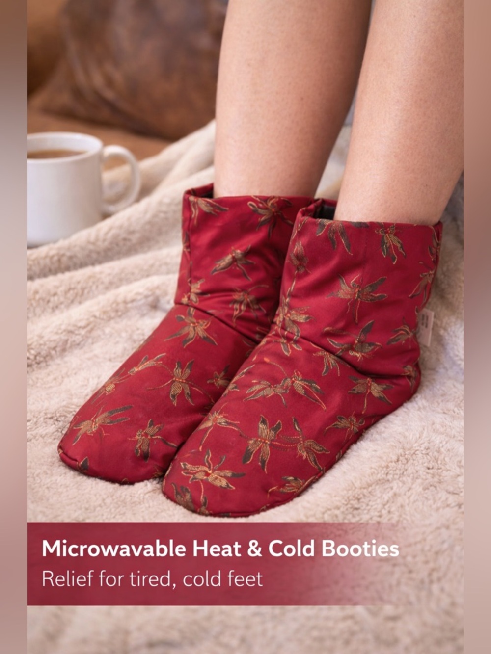Herbal Concepts Heat Cold Booties Red Satin Dragonfly Microwave Slippers OS